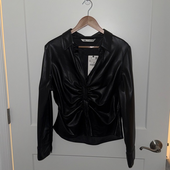 ZARA Faux Leather Button Down Shirt - Picture 2 of 6